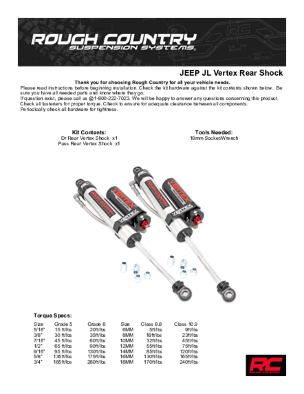 Rough Country Vertex 2.5 Adj Rear Shocks - 6 in - Jeep Rough Country Vertex 2.5 Adj Rear Shocks - 6 in - Jeep